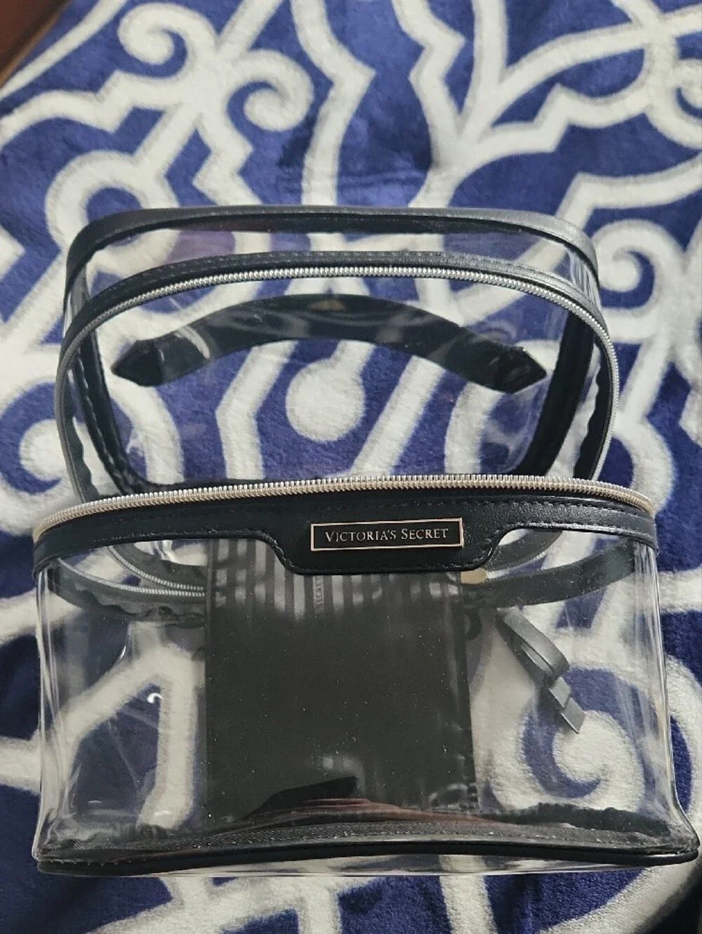 Victoria's Secret Clear Floral Cosmetic Case - Black Trim with Yellow Accents